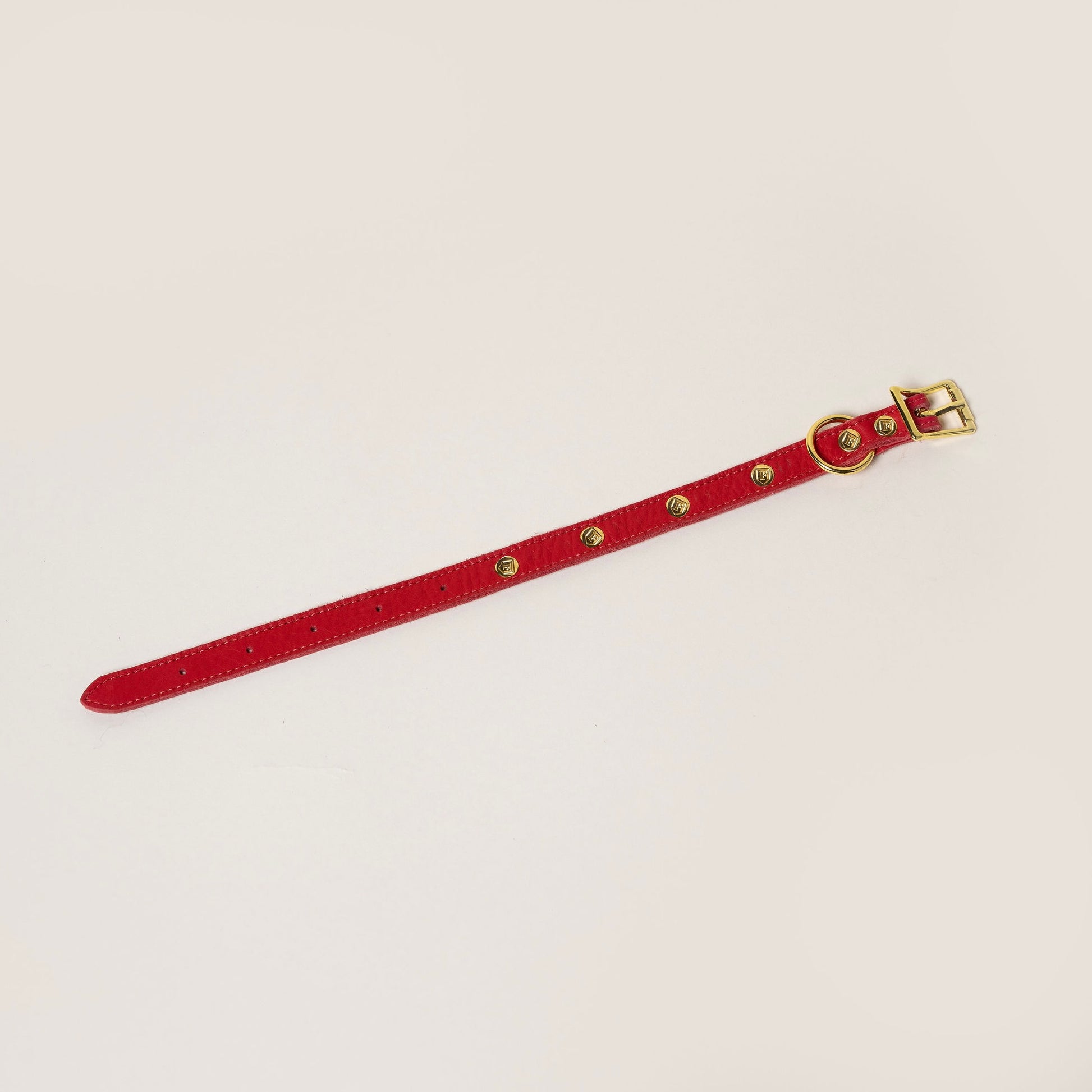 FINCH Beverly Hills Roxbury Red studded premium leather pet collar, solid brass 18k gold-tone studs, Made in USA