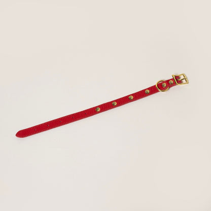 FINCH Beverly Hills Roxbury Red studded premium leather pet collar, solid brass 18k gold-tone studs, Made in USA