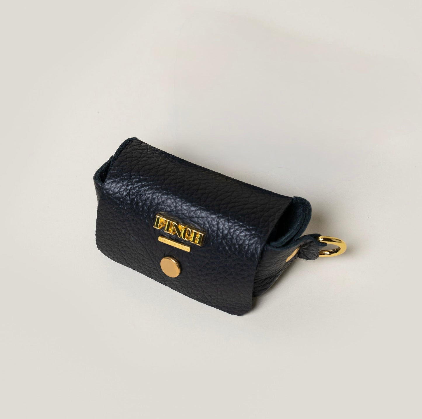 FINCH Beverly Hills Mulholland Black pet waste bag dispenser, handcrafted from supple premium leather, solid brass custom FINCH hardware in 18k gold-tone, Made in USA