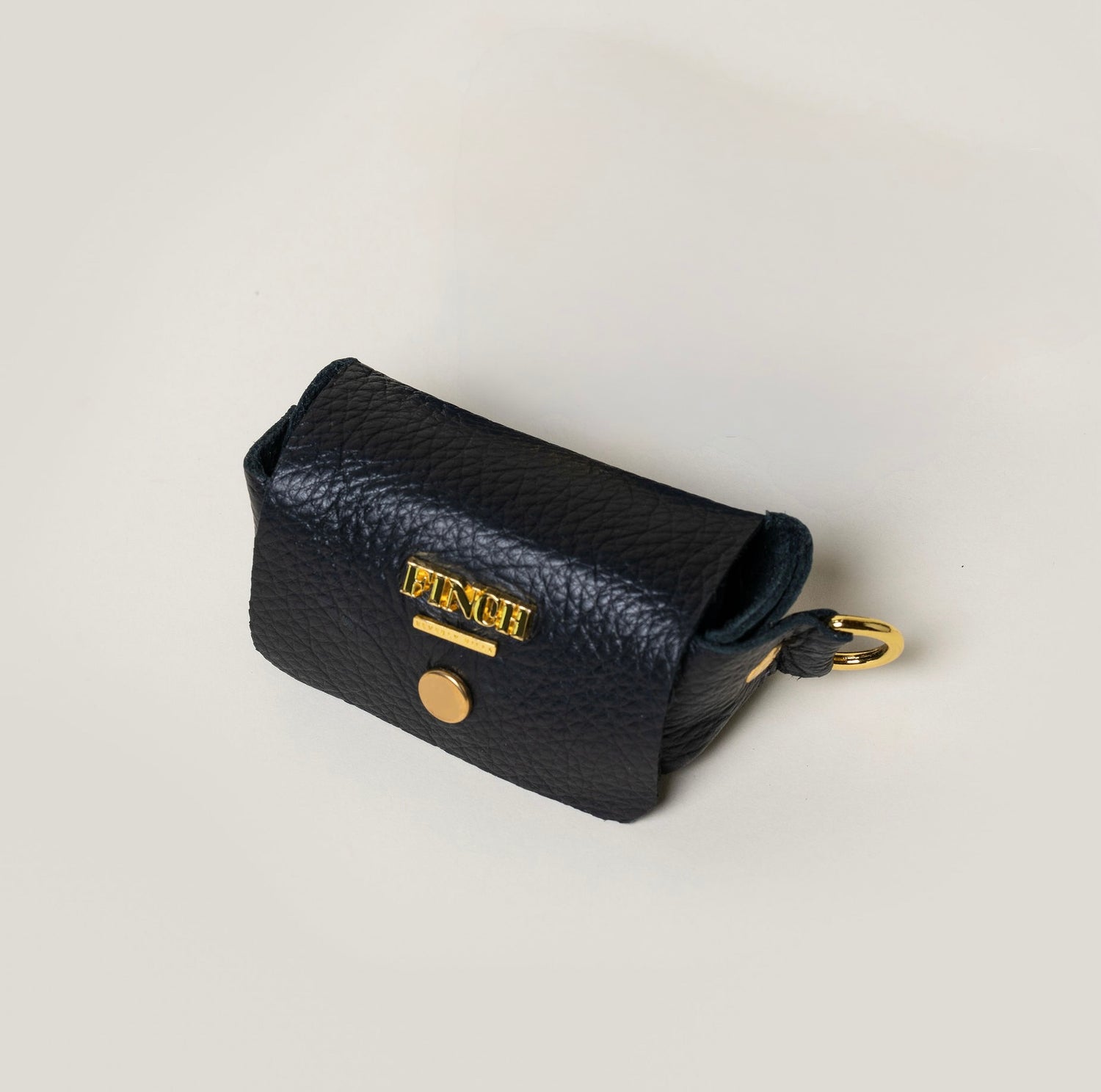 FINCH Beverly Hills Mulholland Black pet waste bag dispenser, handcrafted from supple premium leather, solid brass custom FINCH hardware in 18k gold-tone, Made in USA