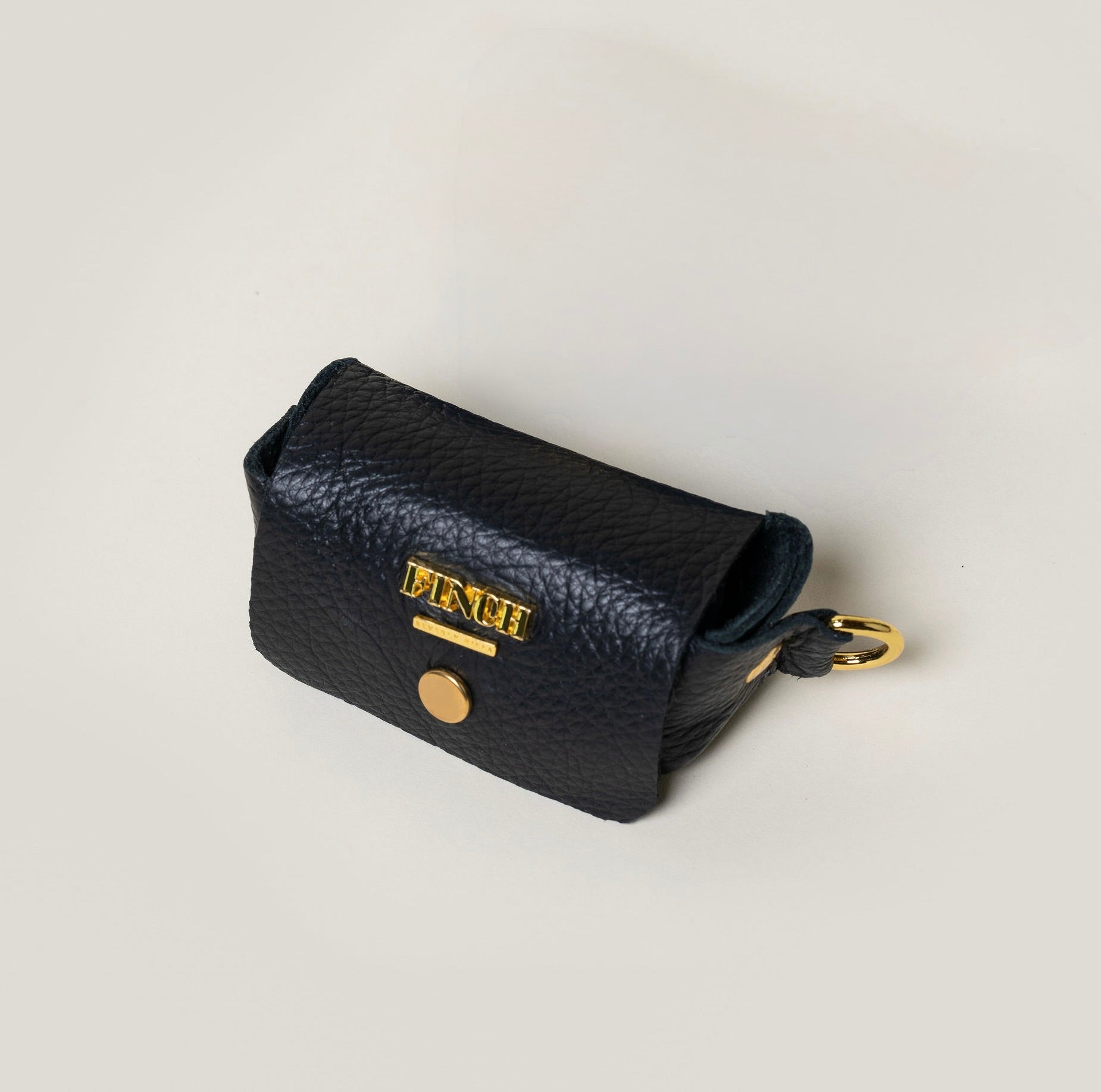 FINCH Beverly Hills Mulholland Black pet waste bag dispenser, handcrafted from supple premium leather, solid brass custom FINCH hardware in 18k gold-tone, Made in USA