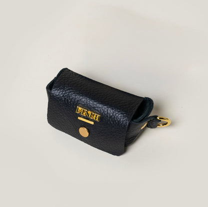 FINCH Beverly Hills Mulholland Black pet waste bag dispenser, handcrafted from supple premium leather, solid brass custom FINCH hardware in 18k gold-tone, Made in USA