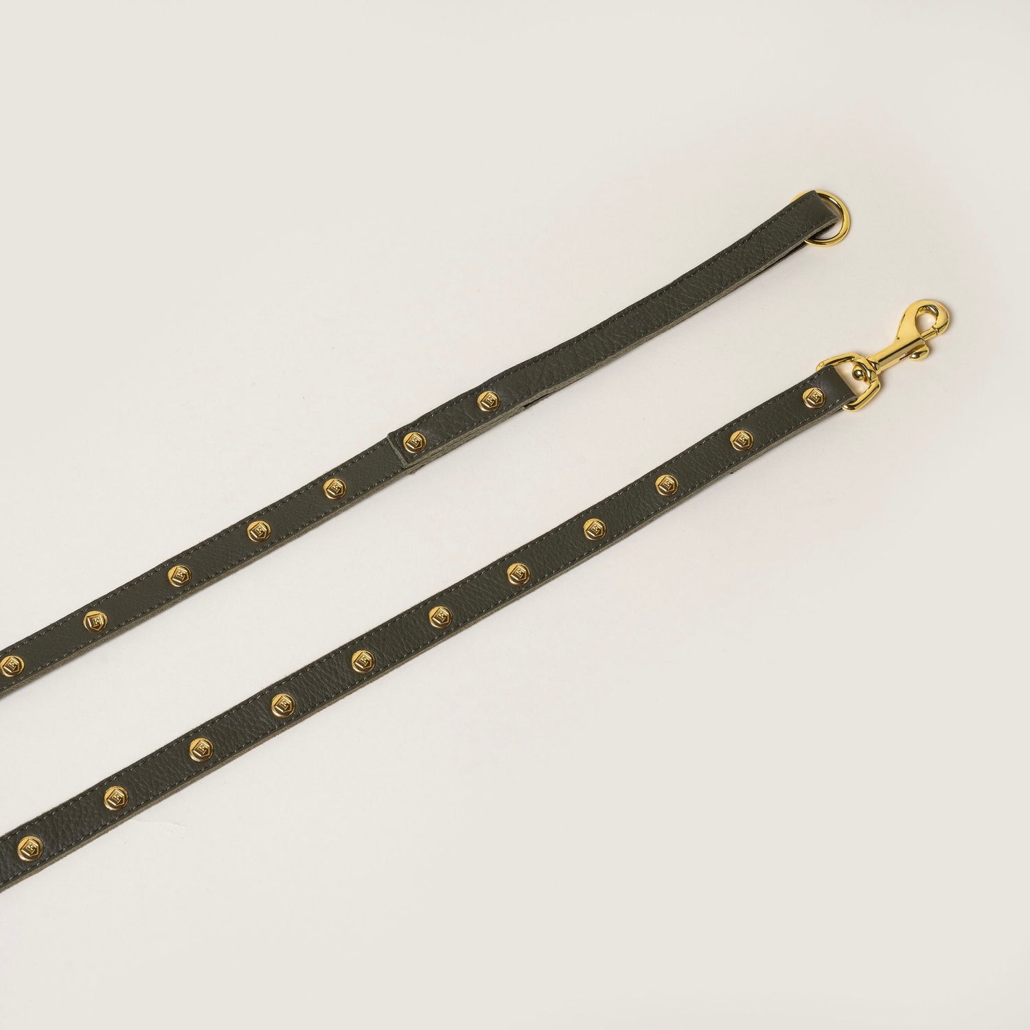 FINCH Beverly Hills Beverly Olive studded premium leather pet leash, solid brass 18k gold-tone studs, Made in USA