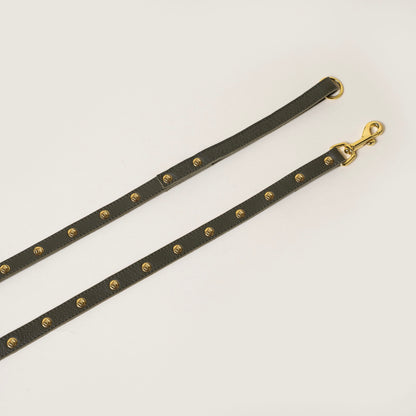 FINCH Beverly Hills Beverly Olive studded premium leather pet leash, solid brass 18k gold-tone studs, Made in USA