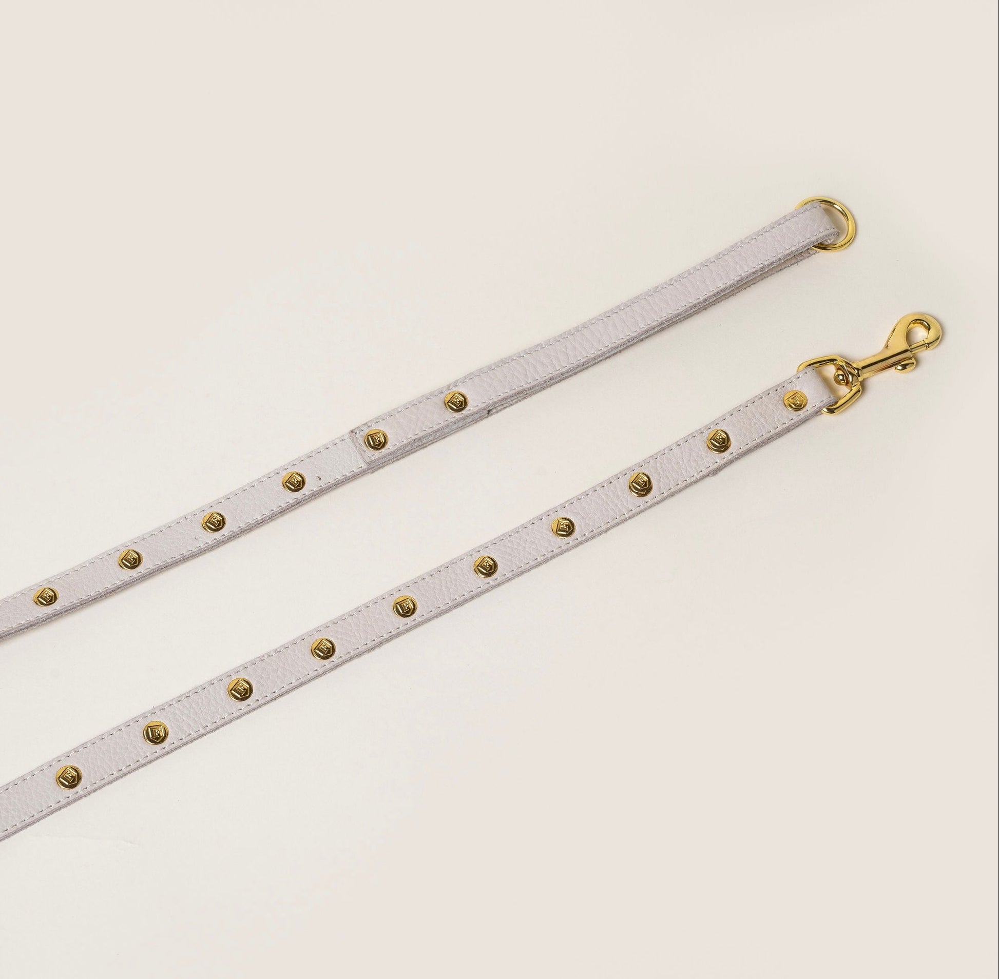 FINCH Beverly Hills Crescent Bone studded premium leather pet leash, solid brass 18k gold-tone studs, Made in USA