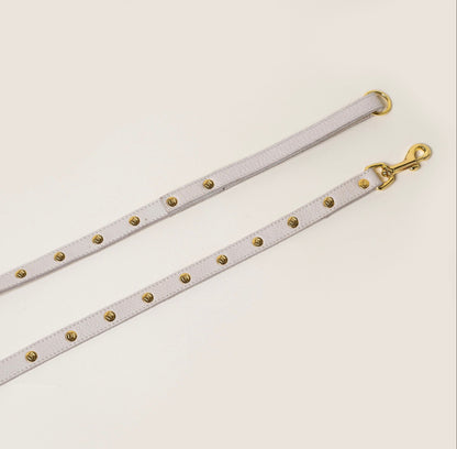 FINCH Beverly Hills Crescent Bone studded premium leather pet leash, solid brass 18k gold-tone studs, Made in USA