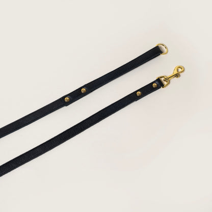 FINCH Beverly Hills Mulholland Black classic premium leather pet leash, solid brass 18k gold-tone hardware, Made in USA