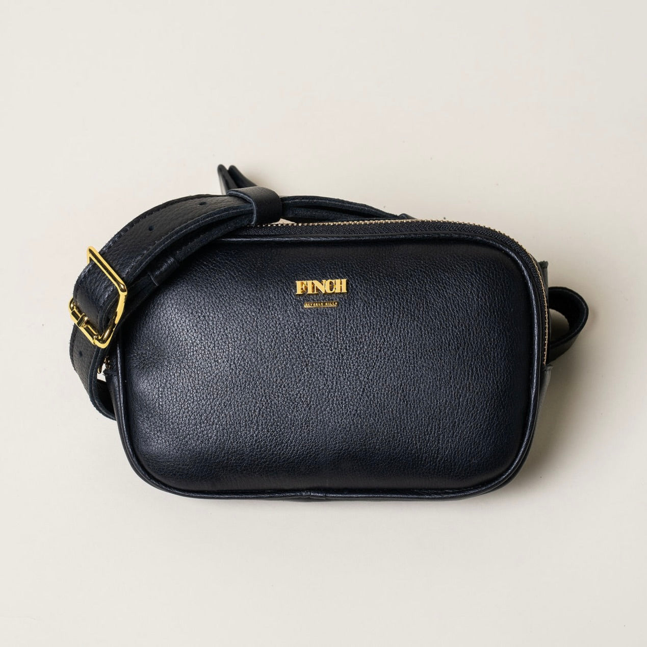 FINCH Beverly Hills Mulholland Black Signature Belt Bag, handcrafted from supple premium leather, solid brass custom FINCH hardware in 18k gold-tone, Made in USA