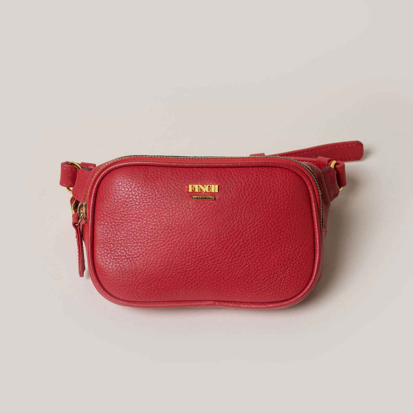 FINCH Beverly Hills Roxbury Red Signature Belt Bag, handcrafted from supple premium leather, solid brass custom FINCH hardware in 18k gold-tone, Made in USA