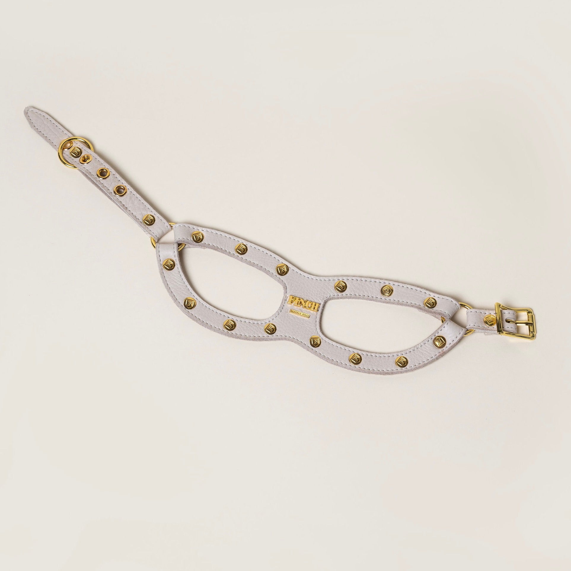 FINCH Beverly Hills Crescent Bone studded premium leather pet harness, solid brass 18k gold-tone studs, Made in USA