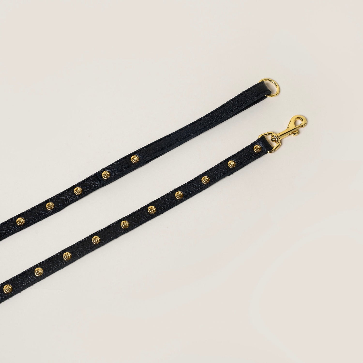 FINCH Beverly Hills Mulholland Black studded premium leather pet leash, solid brass 18k gold-tone studs, Made in USA