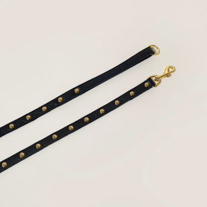 FINCH Beverly Hills Mulholland Black studded premium leather pet leash, solid brass 18k gold-tone studs, Made in USA