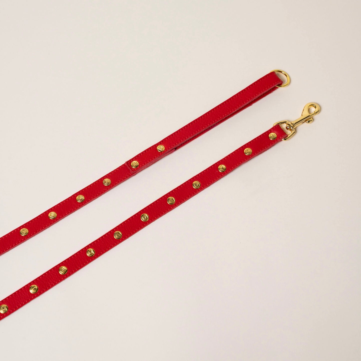 FINCH Beverly Hills Roxbury Red studded premium leather pet leash, solid brass 18k gold-tone studs, Made in USA