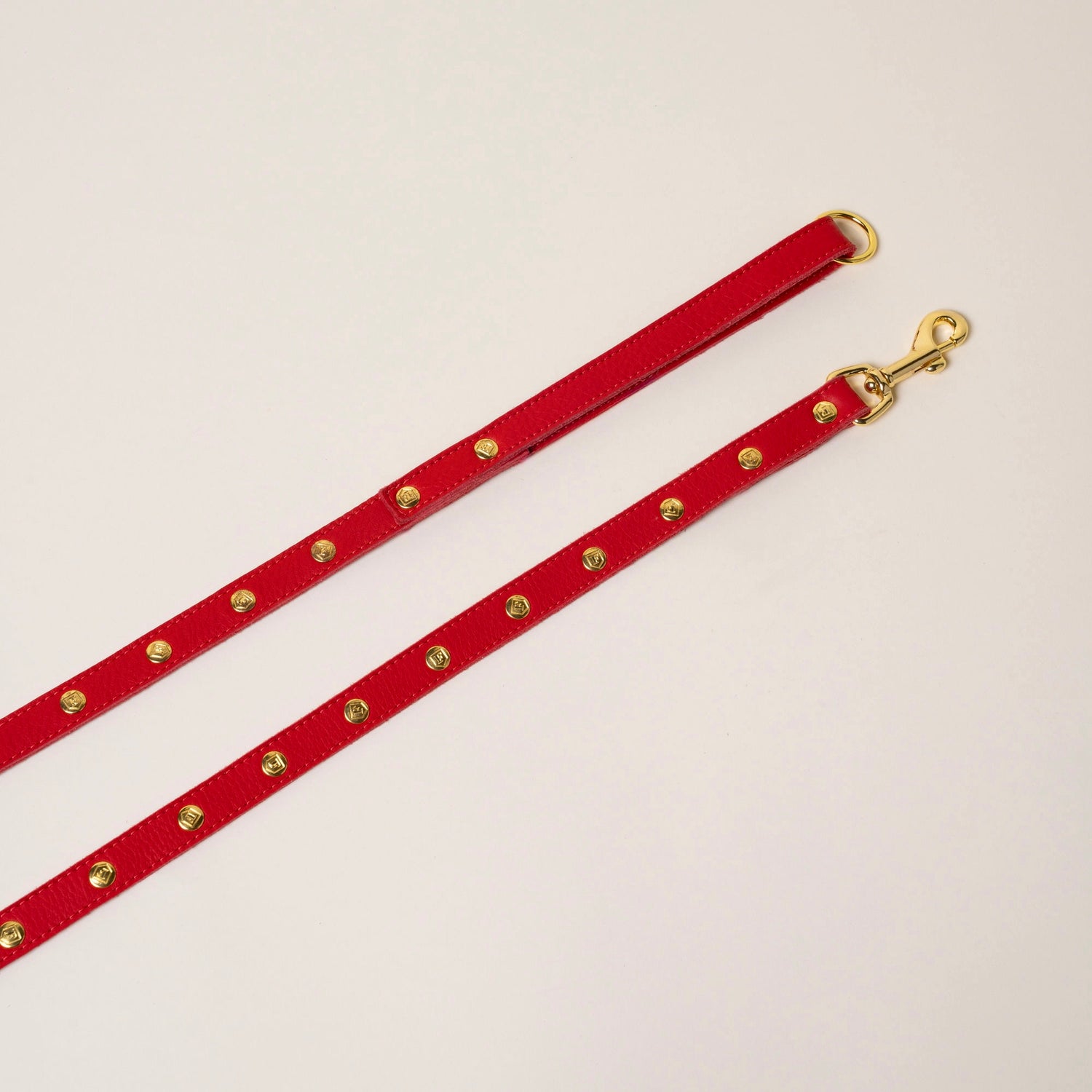 FINCH Beverly Hills Roxbury Red studded premium leather pet leash, solid brass 18k gold-tone studs, Made in USA
