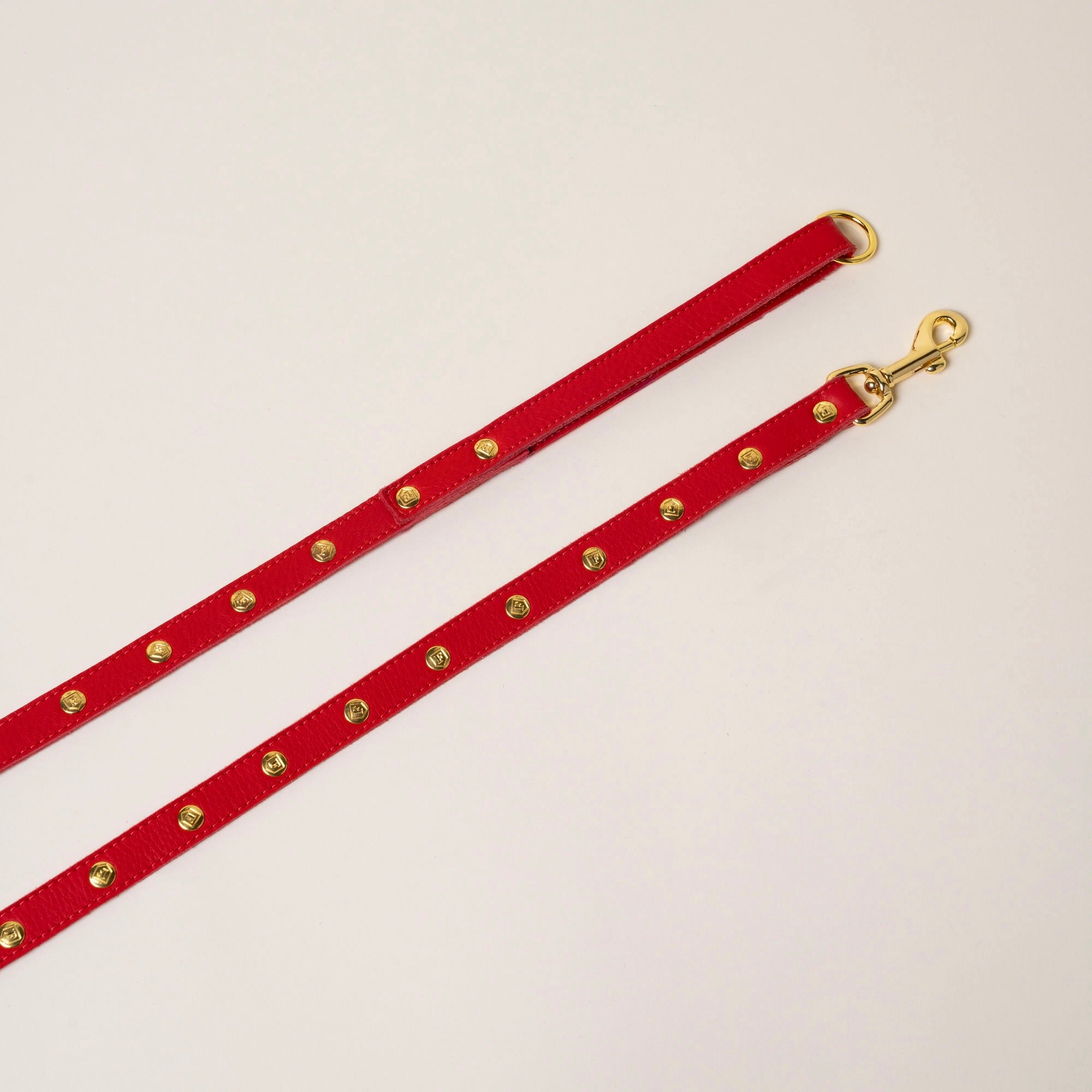 FINCH Beverly Hills Roxbury Red studded premium leather pet leash, solid brass 18k gold-tone studs, Made in USA